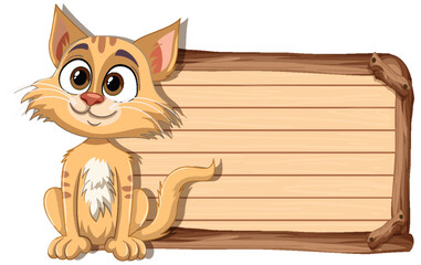 Adorable cartoon cat sitting beside a signboard