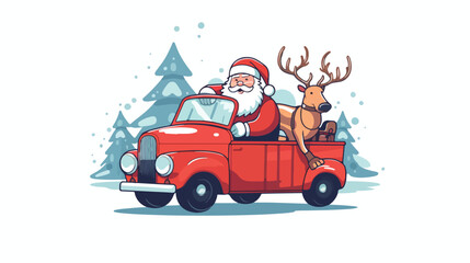 Cute Santa Claus with his deer driving a car 