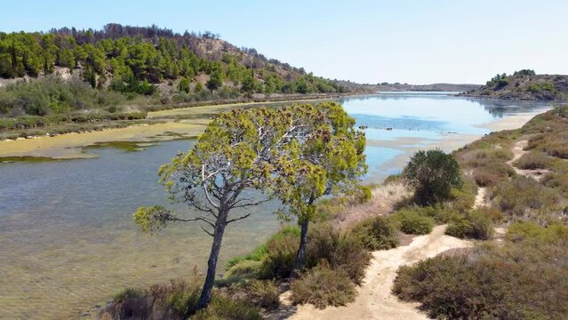 Vue a&eacute;rienne de la Ballade des Pontons de Peyriac de Mer, Aude, Occitanie, Etang de Bages-Sigean