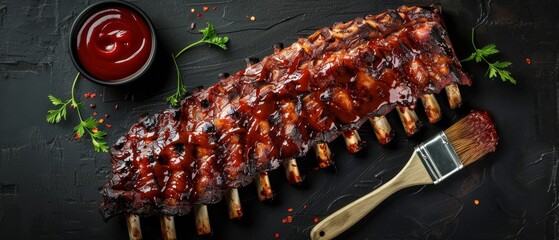 Top view of tasty BBQ baby back ribs with tangy sauce and basting brush on black background
