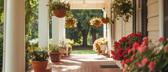 Traditional American porch with flower pots brick path