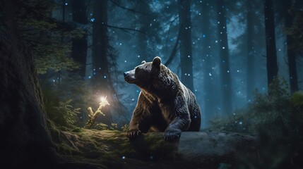 a 70mm film-inspired snapshot with AI, showcasing the silent grandeur of a bear in a moonlit woodland, perfectly encapsulating the tranquility of a cinematic night