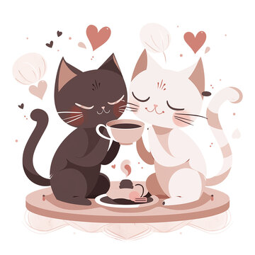 Couple Cat in love Enjoying Tea Time  in Watercolor 