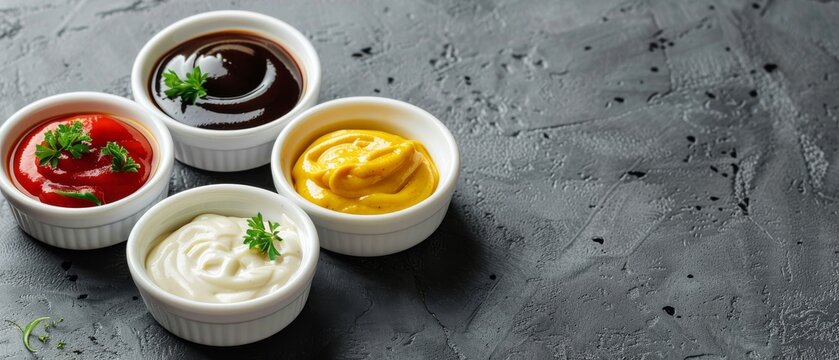 Traditional condiments on white saucers mustard ketchup BBQ sauce mayo On table with copy space