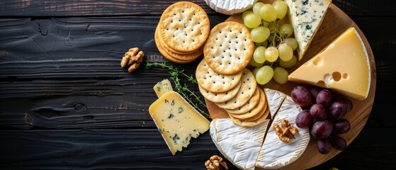 Various cheeses on wooden board with Camembert oak grated cheese hard cheese nuts grapes crackers bread thyme dark wood background top view