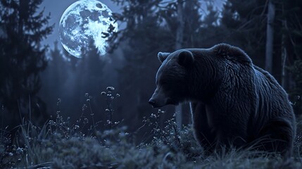 a 70mm film-inspired snapshot portraying the silent grandeur of a bear in a moonlit woodland,...
