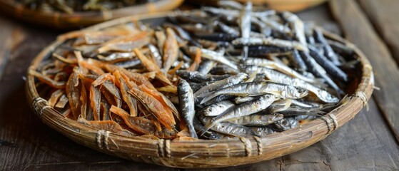Various types of dried anchovies served on a wooden plate - obrazy, fototapety, plakaty