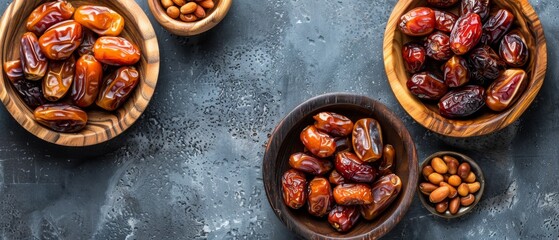 Various types of dates in wooden plate healthy snack Ramadan tradition