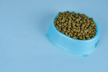 Dry cat food in blue plastic bowl isolated on blue background.