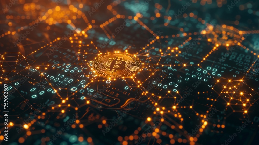 Aufkleber a single bitcoin lies central on a complex, glowing digital network, symbolizing the cutting-edge in