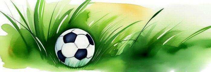 Fototapeta premium watercolor banner with a soccer ball on the grass