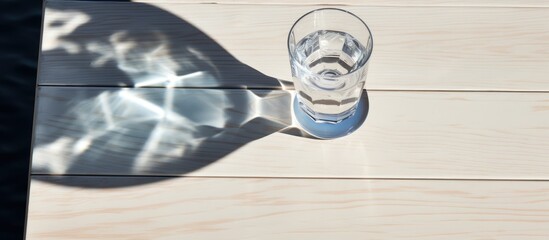 A glass of water, placed on a wooden table, catches the reflection of the window, creating an artful display of electric blue hues on its transparent material