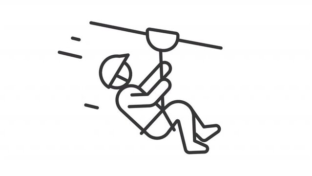 Animated zipline ride moving icon. Zip lining. line animation. Falling down, extreme activity. Recreational tourism. Black illustration on white background. HD video with alpha channel. Motion graphic
