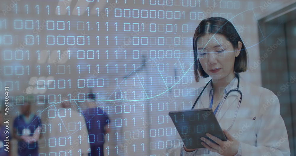 Aufkleber image of dna strand and binary data over asian female doctor using tablet