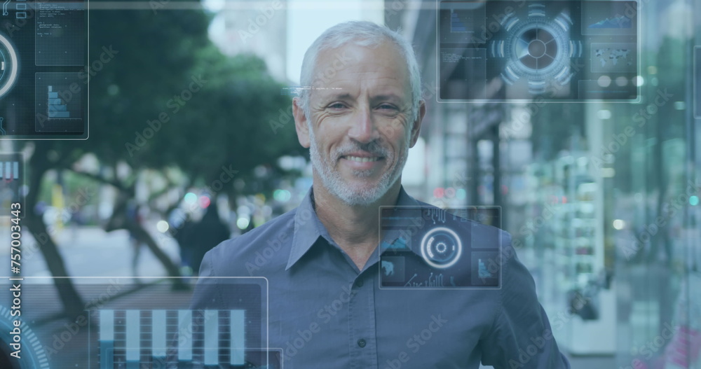 Poster image of screens with data processing over senior man