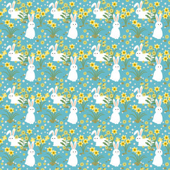 White rabbits among yellow flowers seamless pattern on blue background. Flowery with bunny wallpaper. Flat design.
