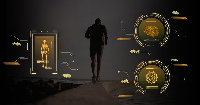 Image of human body and scientific data processing over african american man running