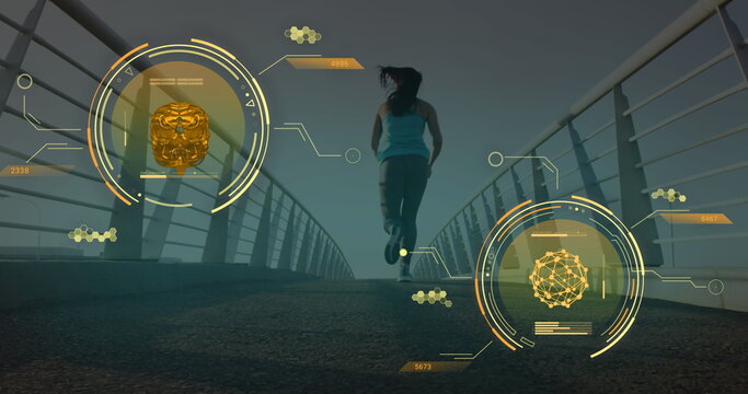 Image of data processing over caucasian woman running