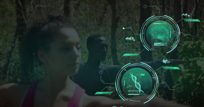 Image of data processing over diverse man and woman exercising