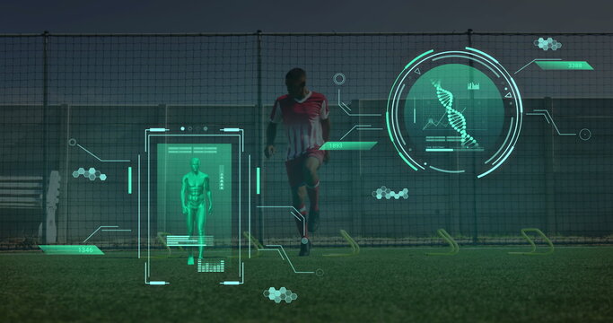 Image of data processing over diverse football players exercising