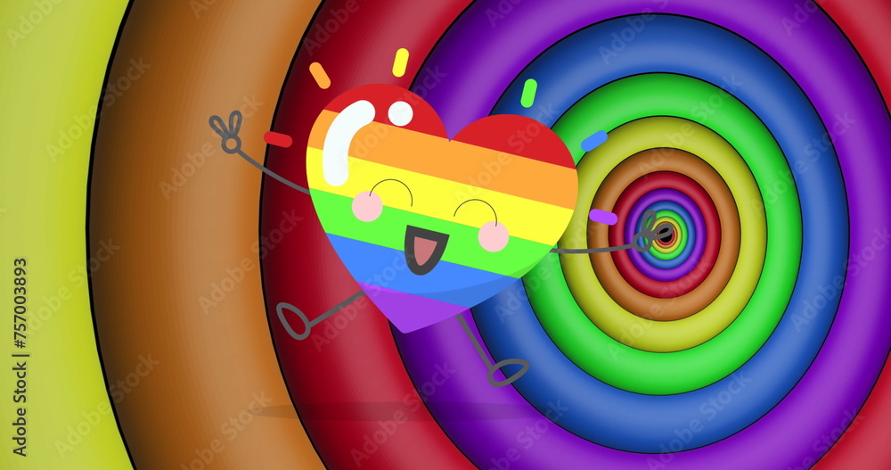 Poster Image of rainbow heart over rainbow circles and colours moving on seamless loop