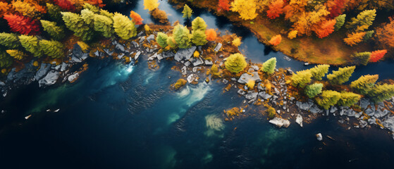 Fototapeta na wymiar Aerial top drone view from sky to autumn colorful forest