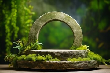 Green podium pedestal for nature beauty cosmetics with abstract rock mockup and fresh leaf shadow