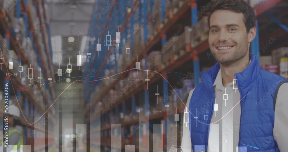 Poster image of data processing over man writing on clipboard in warehouse