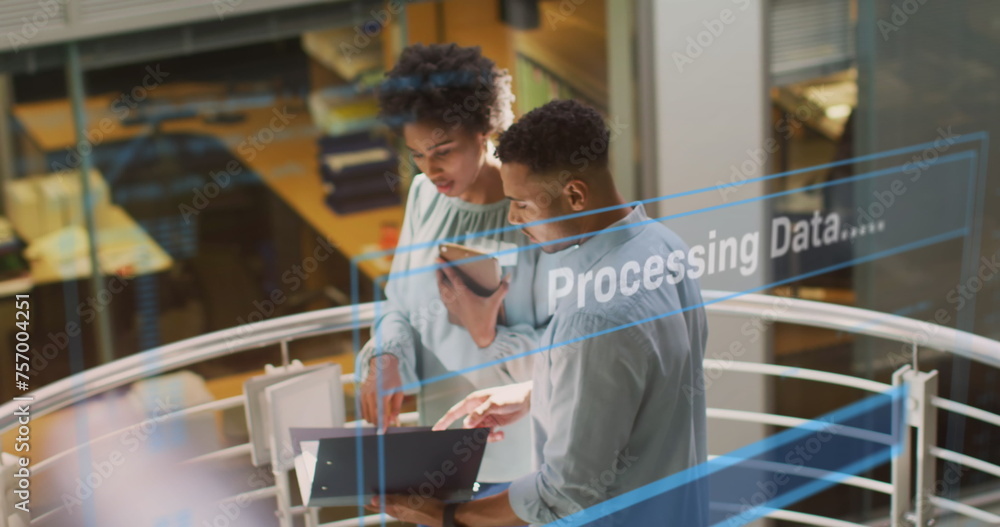 Poster image of data processing text over diverse business people working in office