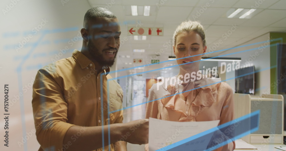 Poster image of data processing text over diverse business people working in office