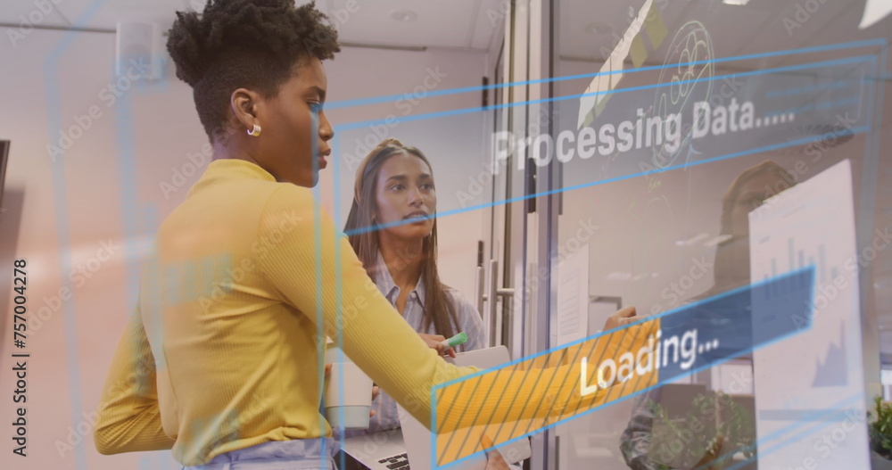 Poster image of data processing text over diverse business people working in office