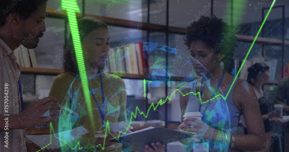 Poster image of data processing and globe over diverse business people working in office