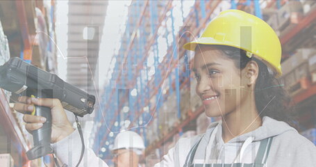 Image of data processing over woman working in warehouse