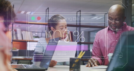 Image of financial data processing over diverse business people working in office