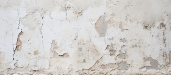 A closeup shot of a white wall with peeling paint revealing layers of wood, soil, art, flooring,...