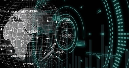 Image of data processing and globe over scopes scanning