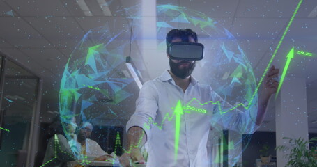 Image of globe, arrows and data processing over businessman wearing vr headset in office