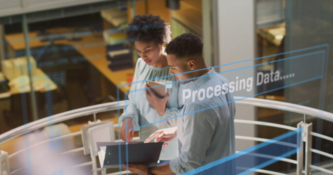 Image of data processing text over diverse business people working in office