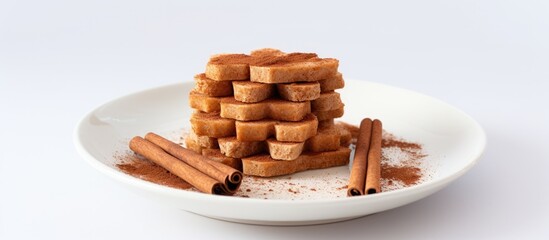 A white plate showcasing a delicious stack of cookies adorned with cinnamon sticks. The combination of flavors and textures makes for a delightful treat