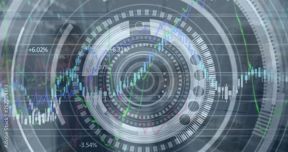 Poster image of financial data processing and scope scanning over business people walking