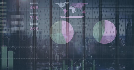 Image of financial data processing over business people walking