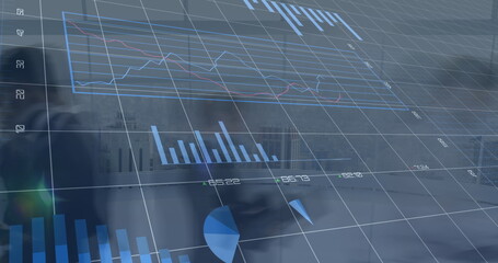 Image of financial data processing over business people walking