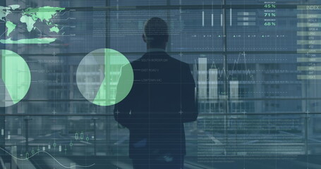 Image of financial data processing over caucasian businessman with luggage walking