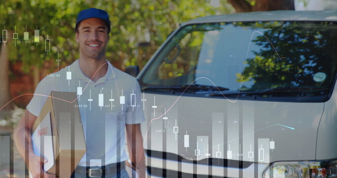 Front view of a Caucasian deliveryman walking forward holding a package while smiling