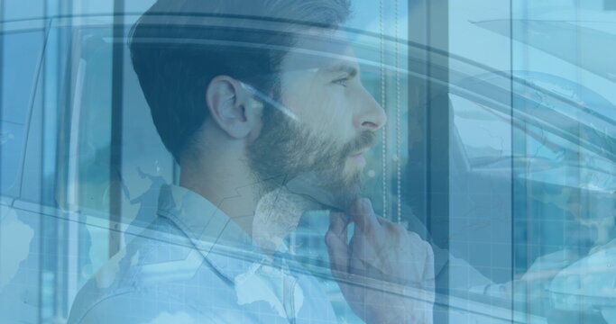 Image of caucasian woman in car over caucasian businessman thinking