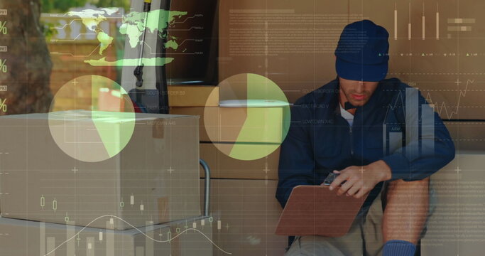 Front view of a deliveryman seated on the back of a van counting packages