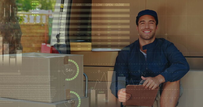 Front view of a deliveryman seated on the back of a van counting packages - Powered by Adobe