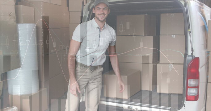 Rear view of a Caucasian deliveryman loading packages in the back of a delivery van