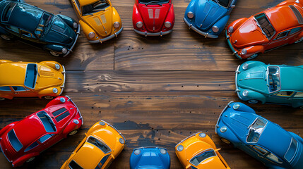 Top View of Colorful Toy Car Collection Standing in Playroom, Kids' Room Decor with Assorted Toy Cars and Trucks, Childhood Fun Time, Playful Transportation Scene, Generative Ai

