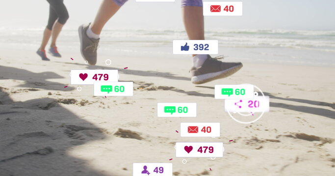 Image of social media notifications, over women running on beach - Powered by Adobe
